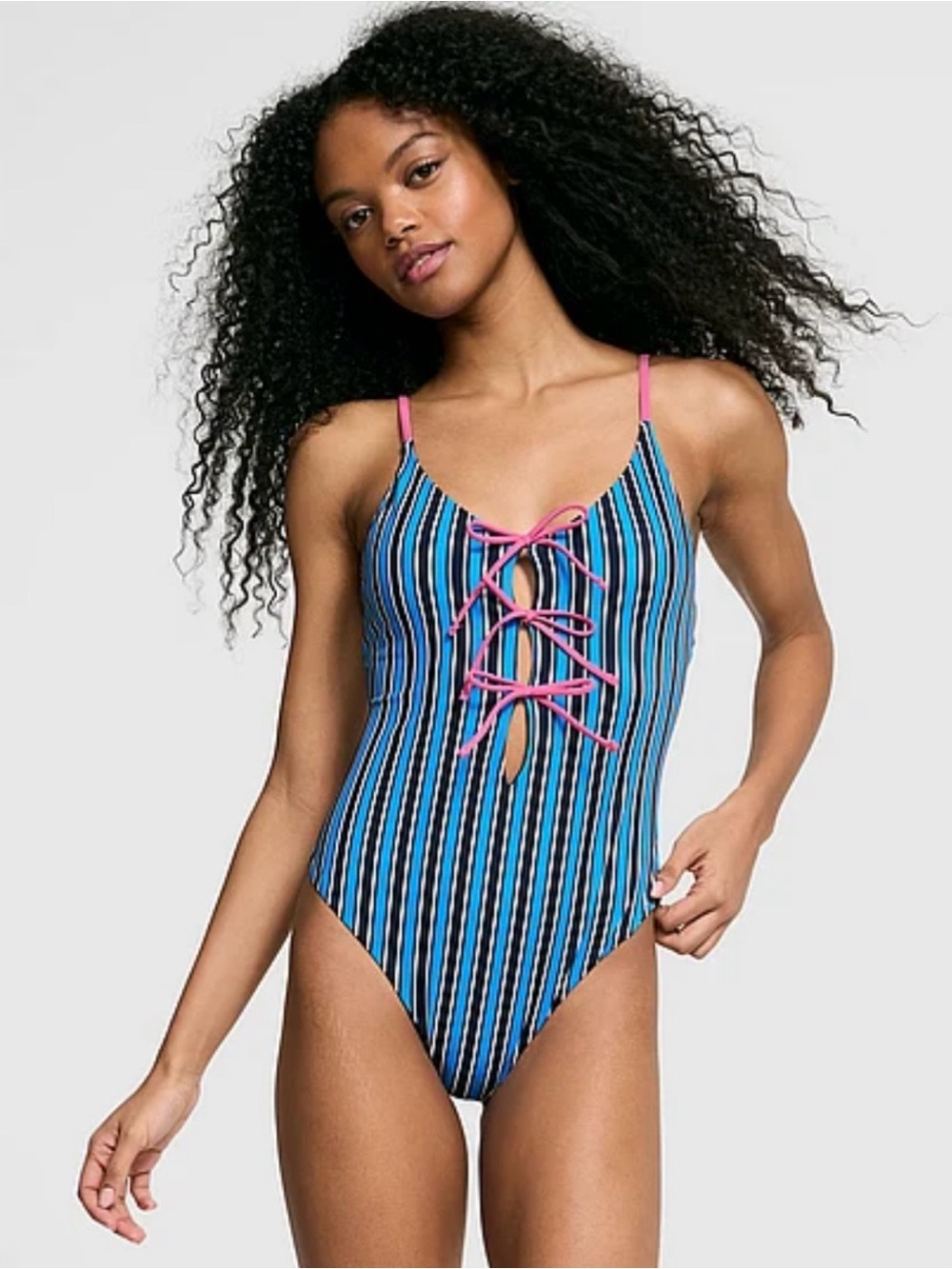 PINK Victoria's Secret Blue, Black & White Striped One-Piece with Pink Ties